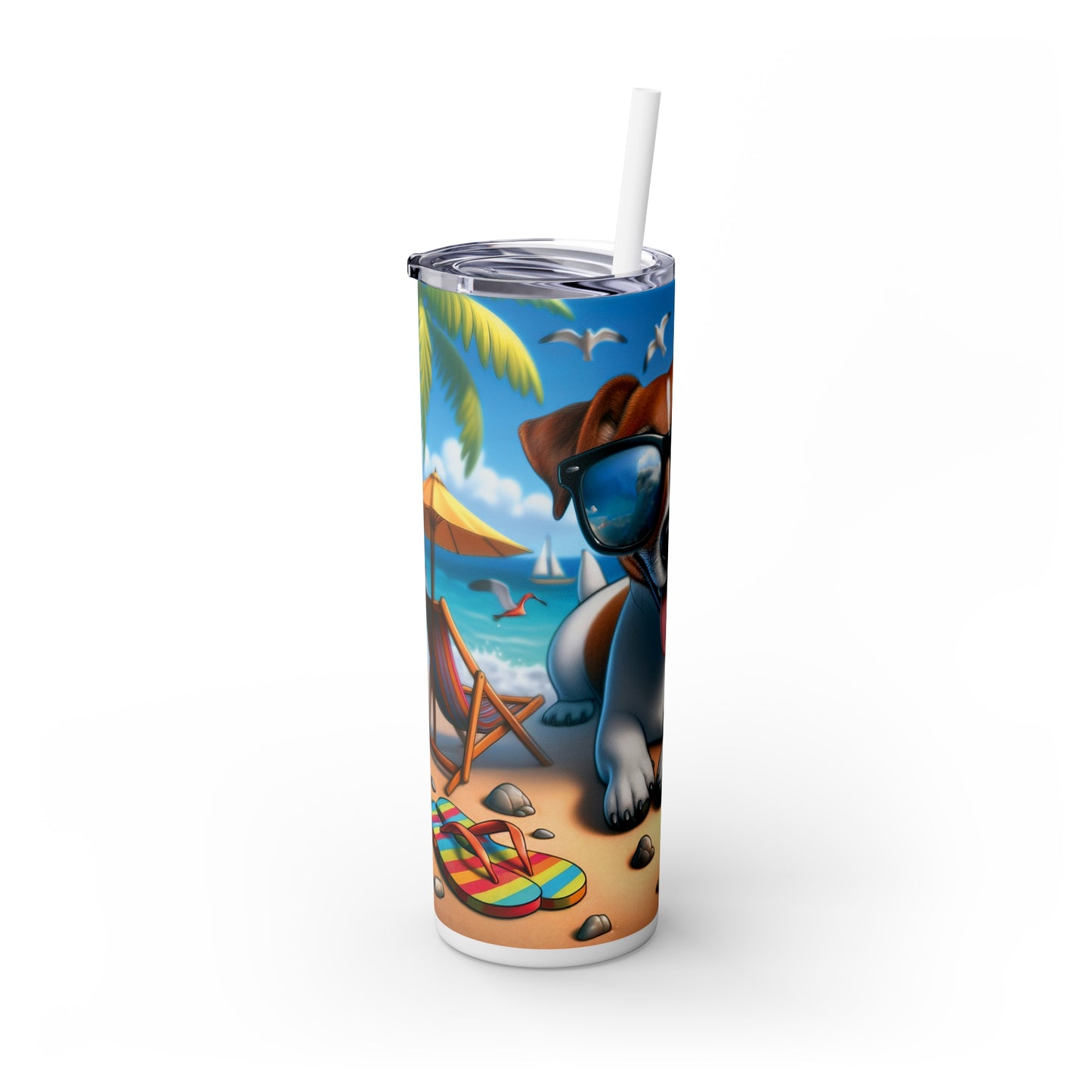 Skinny Tumbler with Straw, 20oz, Dog on Beach, Jack Russel. aed-1219