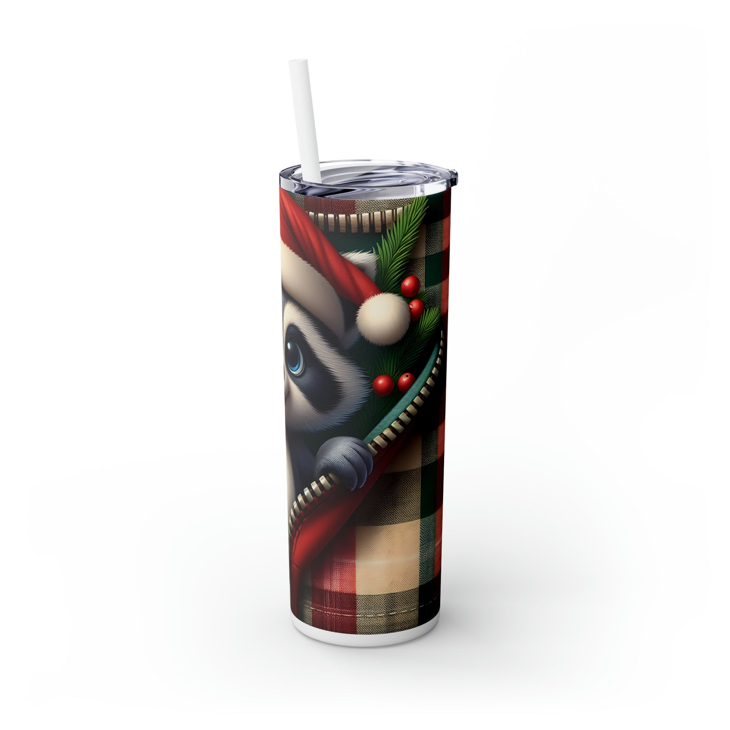 Skinny Tumbler with Straw, 20oz,  Racoon wearing Santa Hat, Zipper, awd-860