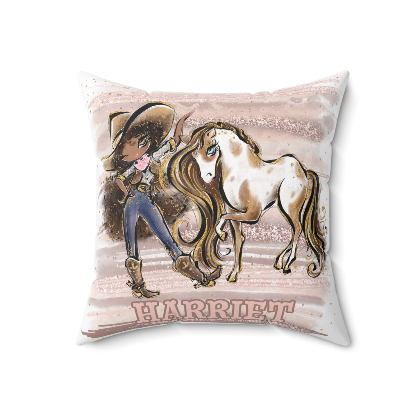 Personalised Cowgirl and Horse Cushion,  Brown Curly Hair, Olive Skin, Brown Eyes, Polyester Square Cushion, Christmas cushion