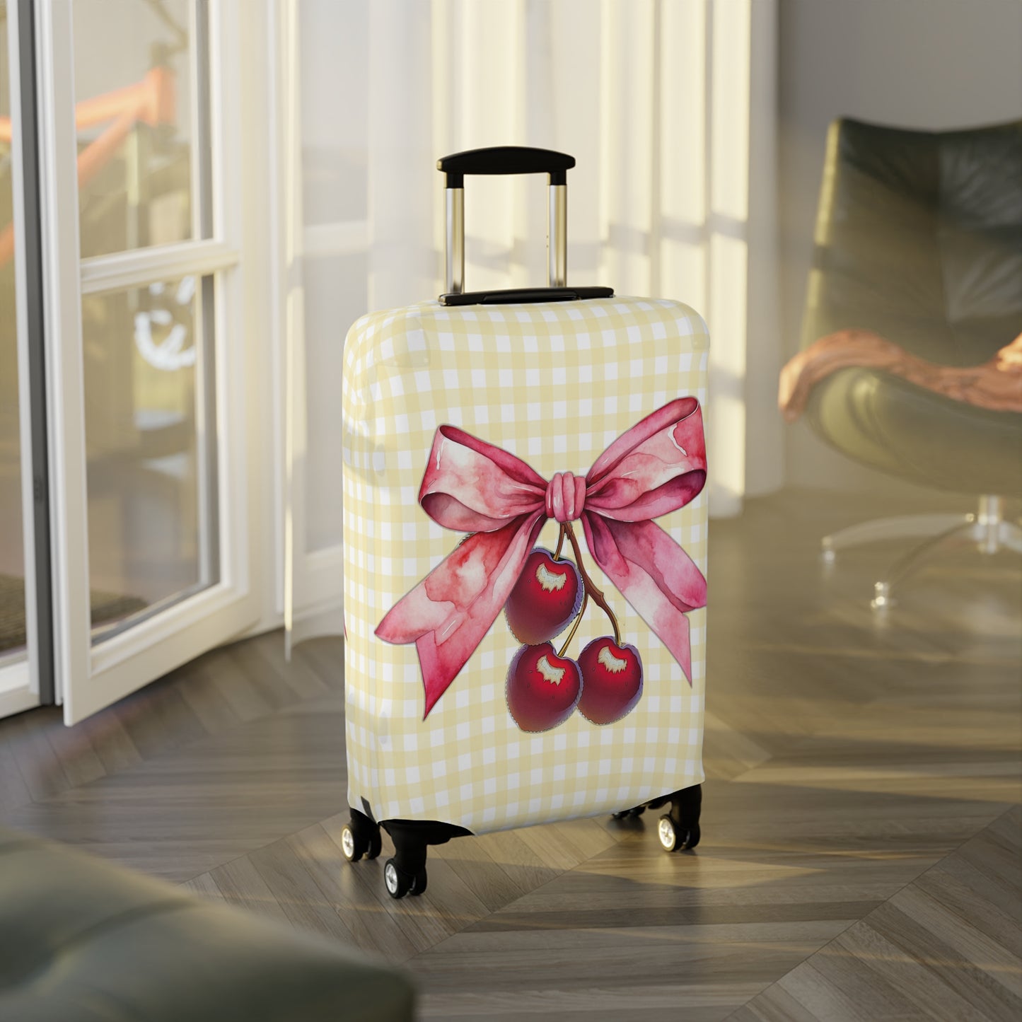 Luggage Cover, Rockabilly, Coquette, Lemon Gingham, Cherries and Ribbon, awd-2509