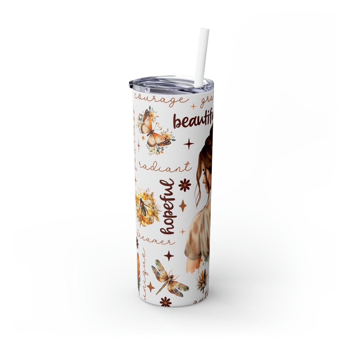 Skinny Tumbler with Straw, 20oz, Affirmation, Woman Brown Hair, awd-504