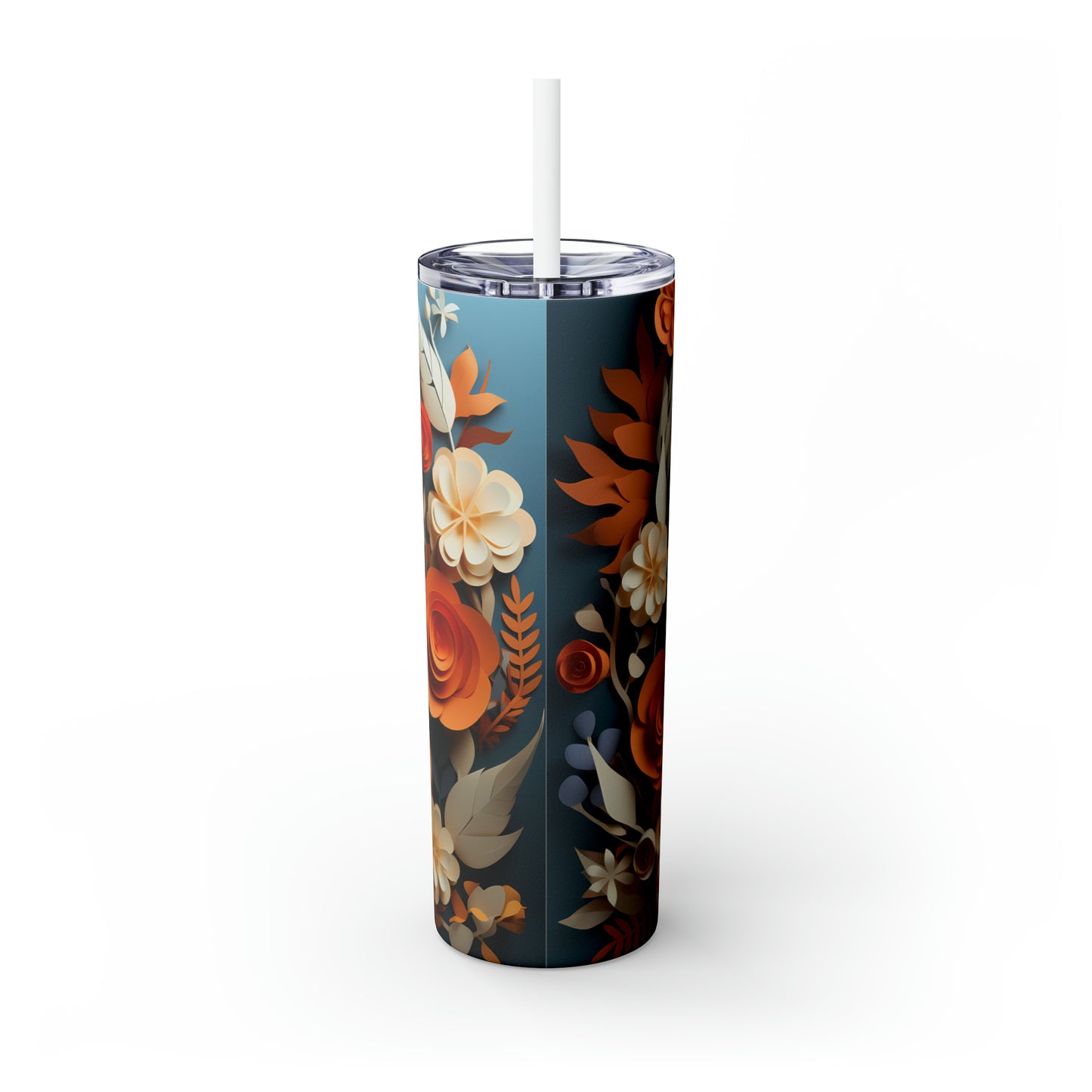 Skinny Tumbler with Straw, 20oz, Floral Paper Cut Fox, awd-426