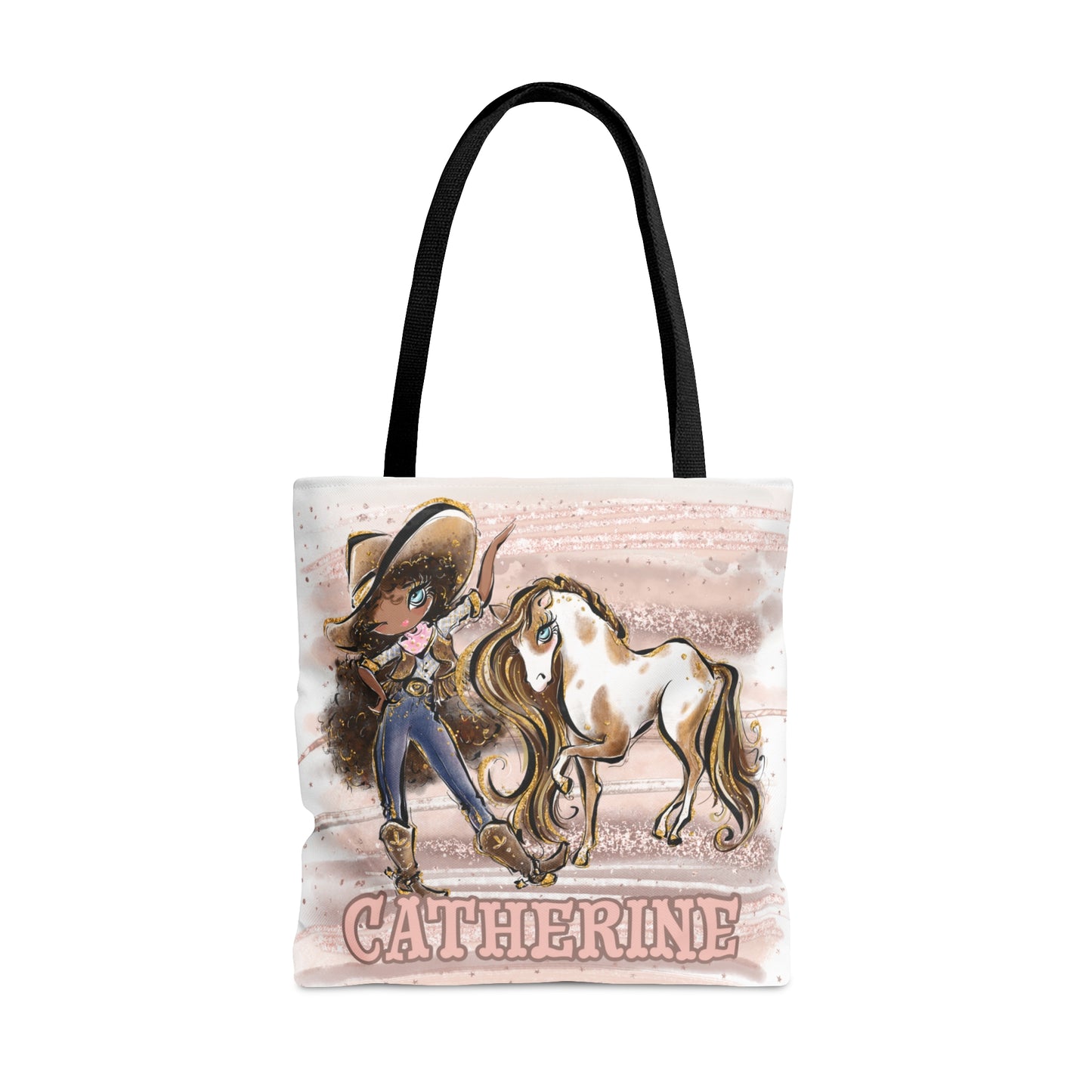 Personalised Tote Bag, Cowgirl & Horse, Brown Curly Hair, Olive Skin, Blue Eyes, Tote bag