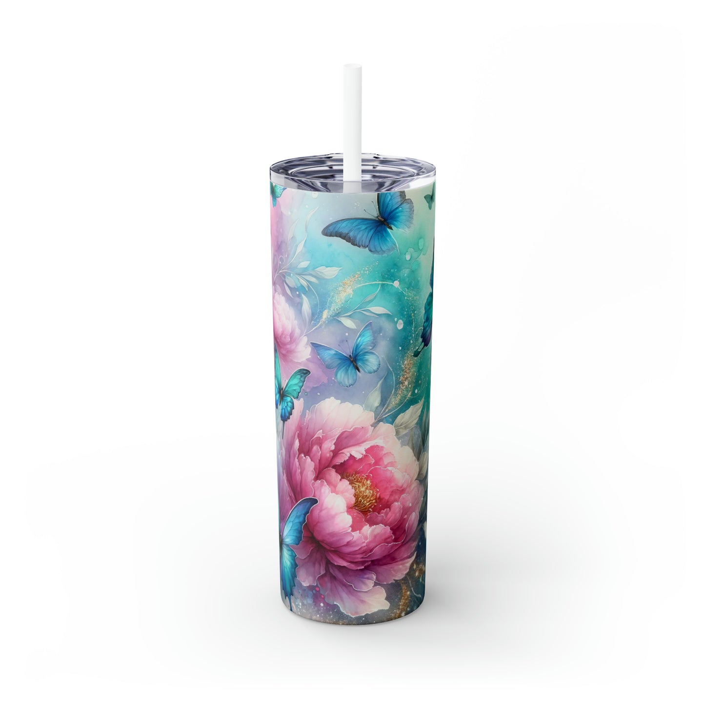 Skinny Tumbler with Straw, 20oz, Floral Butterflies, awd-332