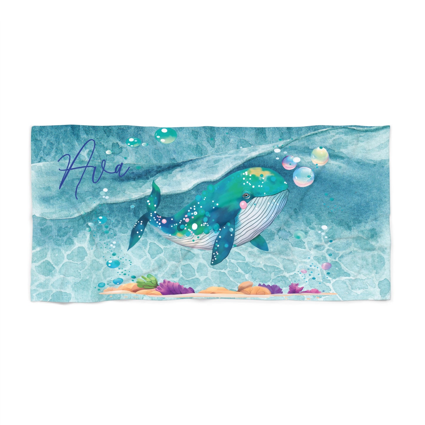 Personalised Beach Towel, Whale, Polycotton Towel, 2 sizes Available