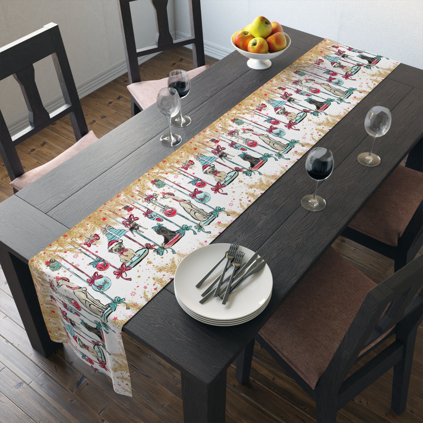 Doggie Christmas Table Runner, Cotton Twill and Poly Available