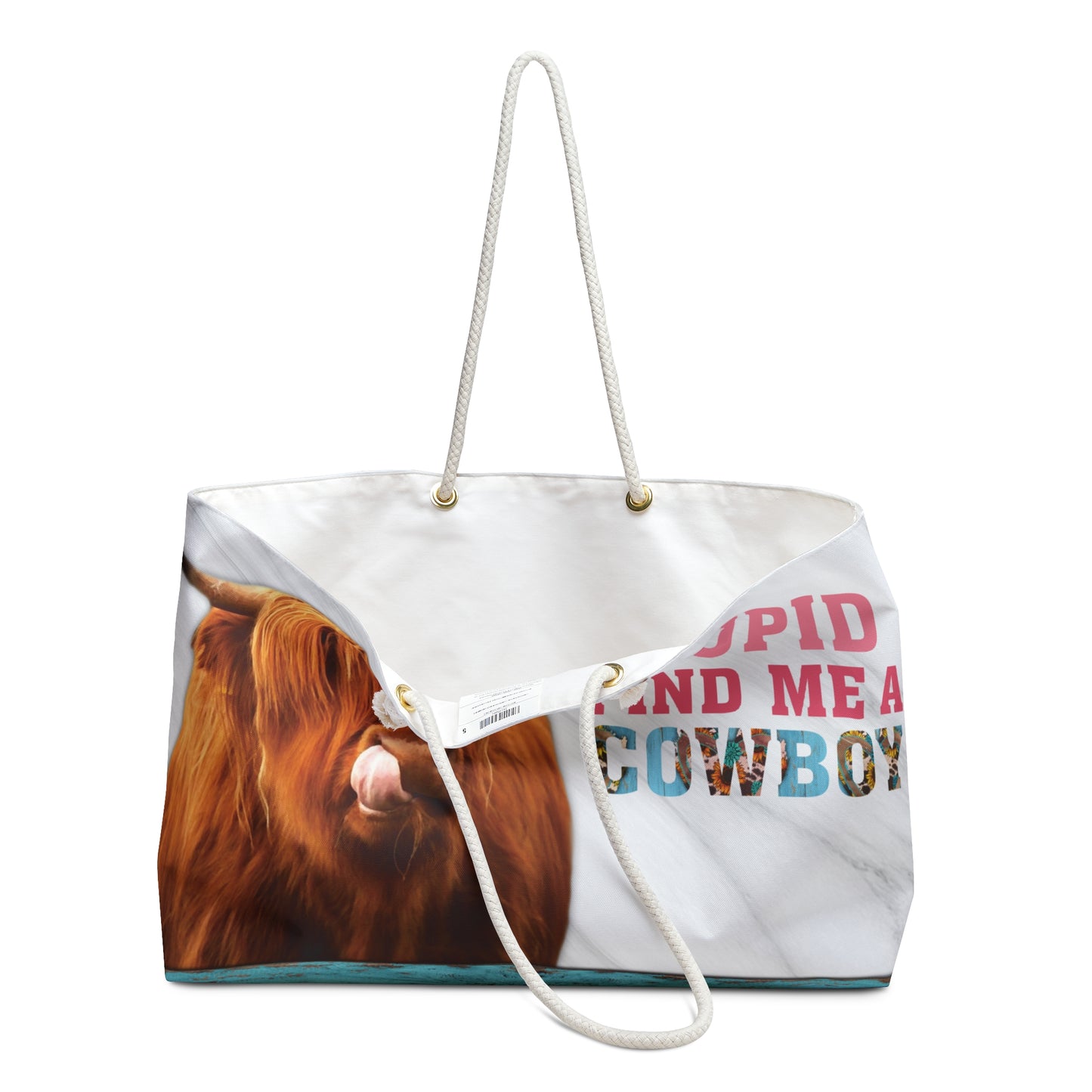 Personalised/Non-Personalised Weekender Bag, Highland Cow, Cupid find me a Cowboy, Large Weekender Bag, Beach Bag, Book Bag