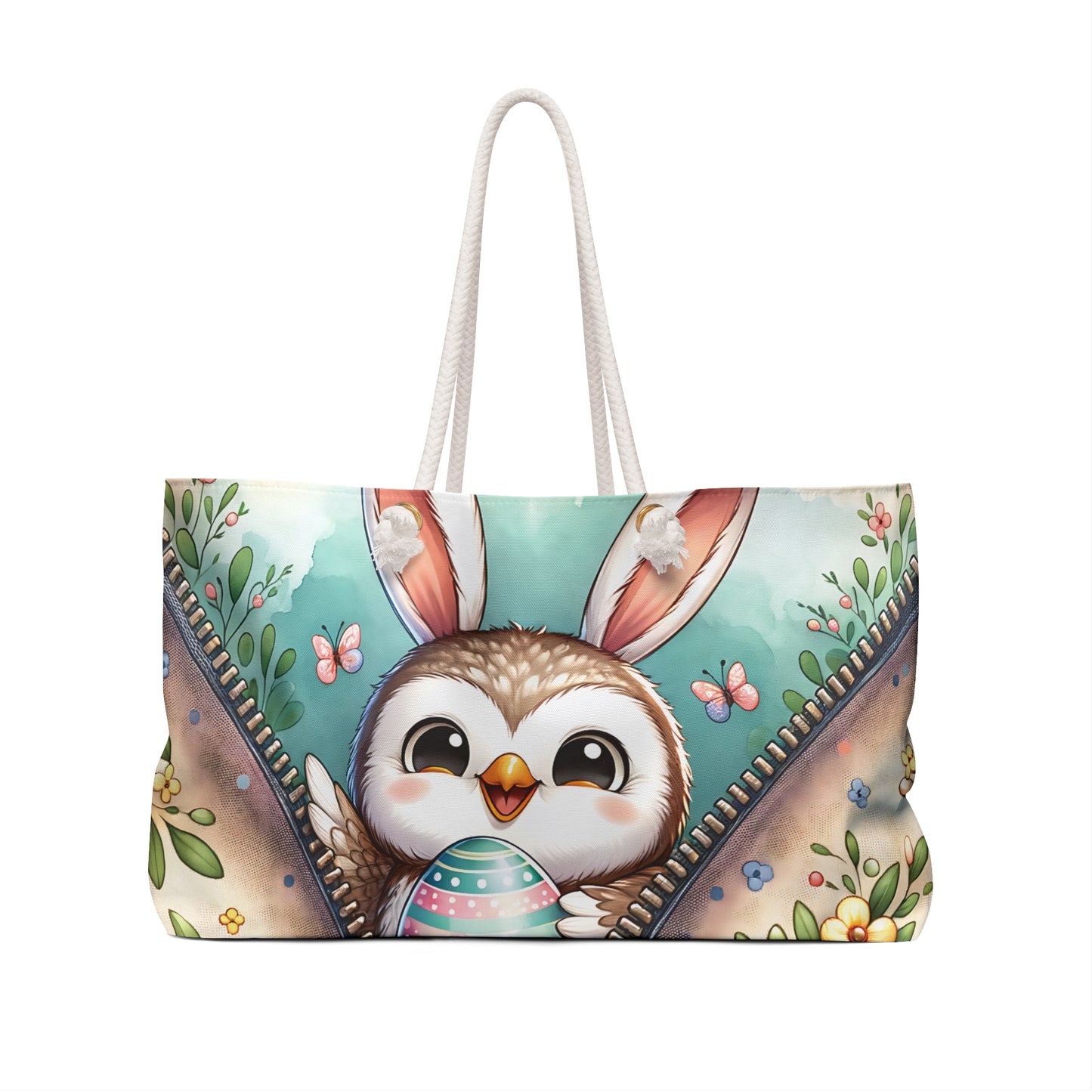 Personalised/Non-Personalised Weekender Bag, Easter, Cute Owl with Bunny Ears, Large Weekender Bag, Beach Bag, Book Bag