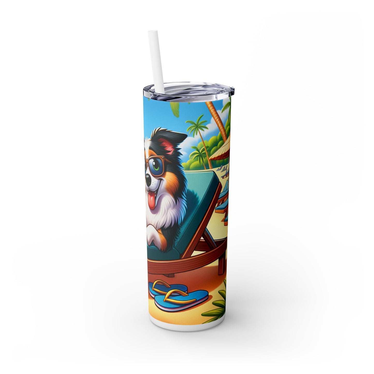 Skinny Tumbler with Straw, 20oz, Dog on Beach, Border Collie, awd-1105