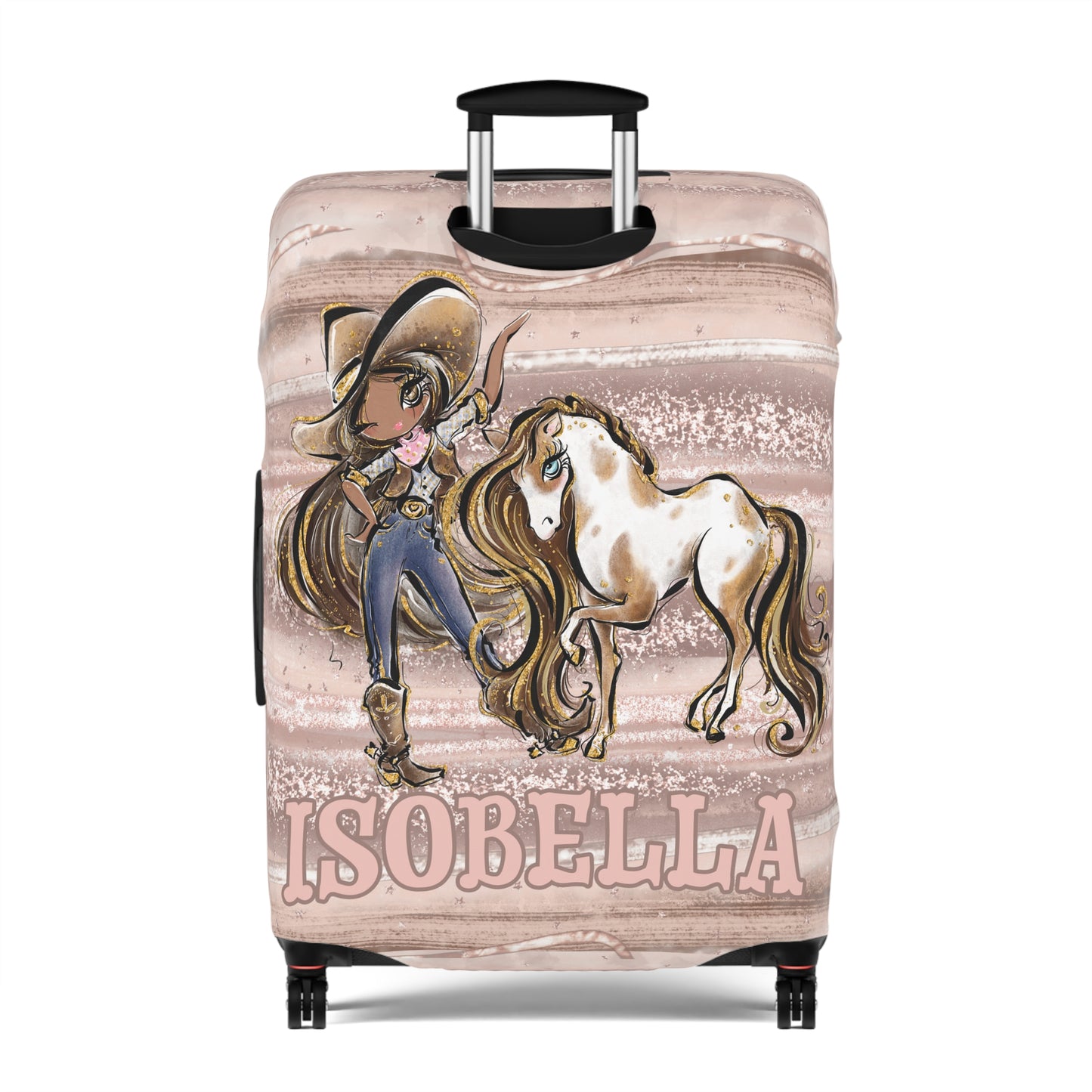 Luggage Cover, Howdy Cowgirl and Horse, Brunette Hair Olive Skin Brown Eyes