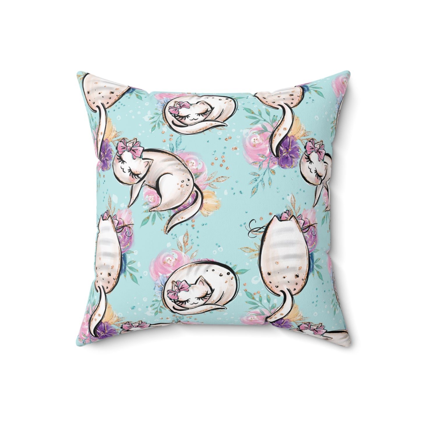 Spun Polyester Square Pillow, Cats Floral Cushion