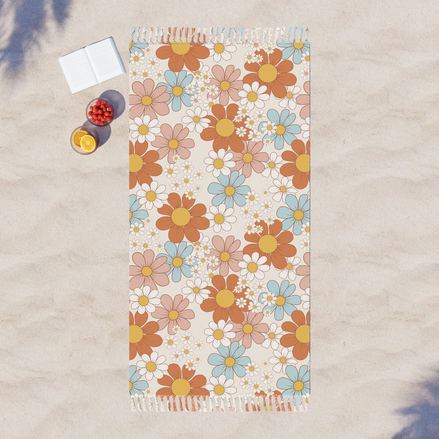 Boho Beach Towel, Retro Flower Design