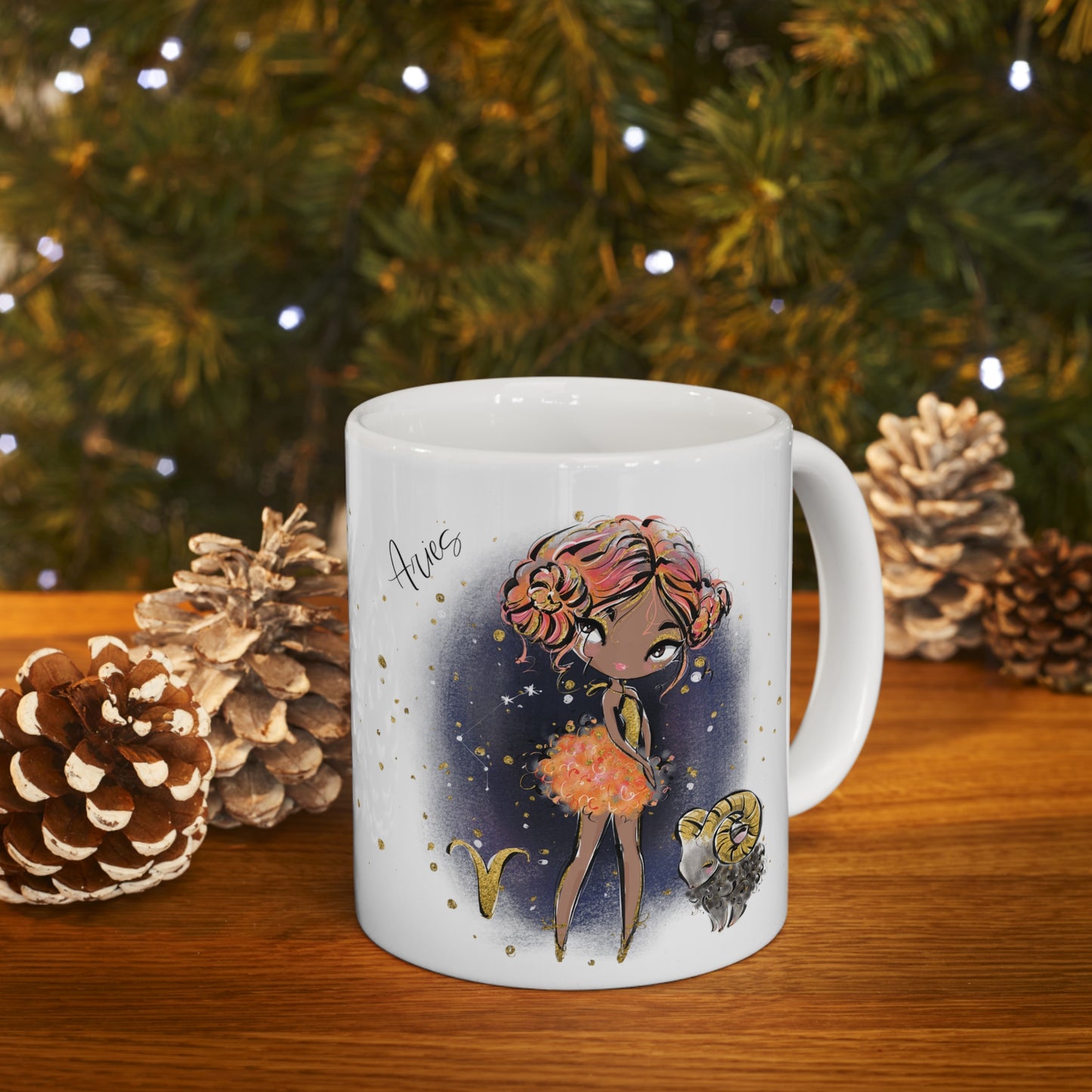 Personalised/Non Personalised Zodiac Sign, Aries, Ceramic Mug 11oz Red Hair - Olive Skin - Brown Eyes - Bg