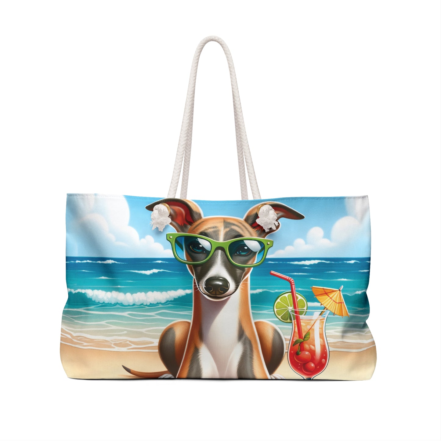 Personalised/Non-Personalised Weekender Bag, Summer Beach Dog, Whippet, Large Weekender Bag, Beach Bag, Book Bag