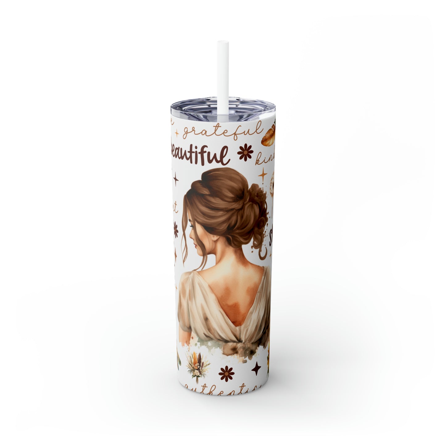 Skinny Tumbler with Straw, 20oz, Affirmation, Woman Brown Hair, awd-504