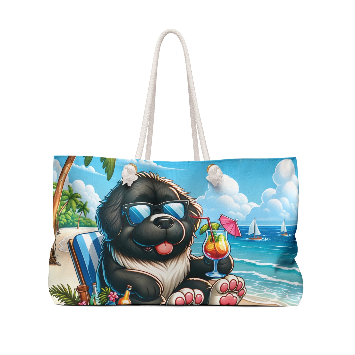 Personalised/Non-Personalised Weekender Bag, Summer Beach Dog, Newfoundland, Large Weekender Bag, Beach Bag, Book Bag