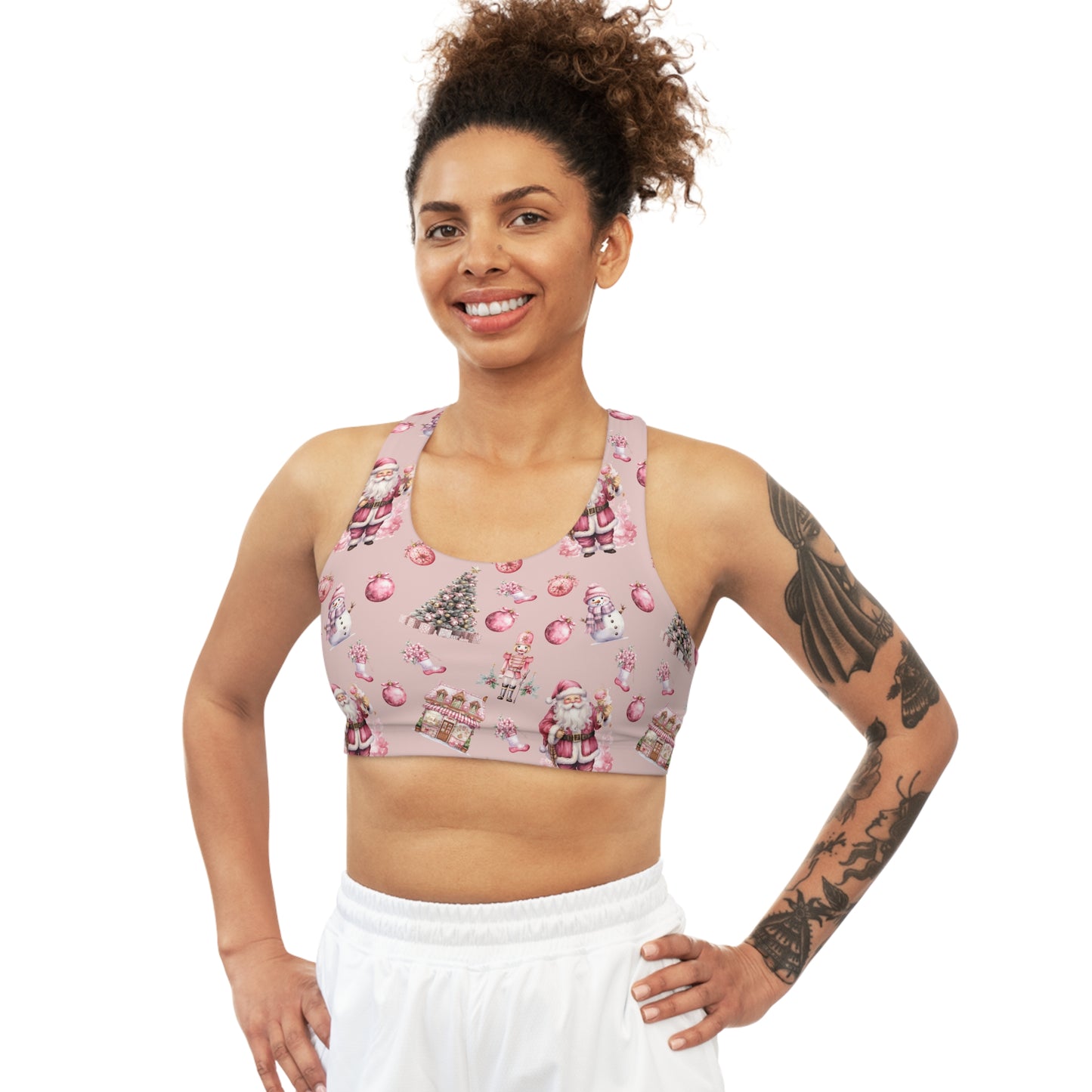 Seamless Sports Bra, Pink Christmas