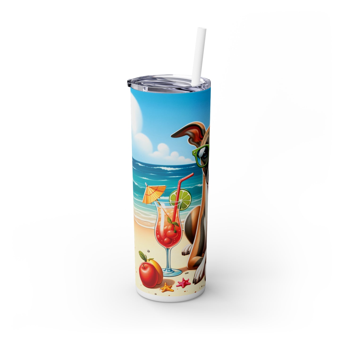 Skinny Tumbler with Straw, 20oz, Dog on Beach, Whippet, awd-1252