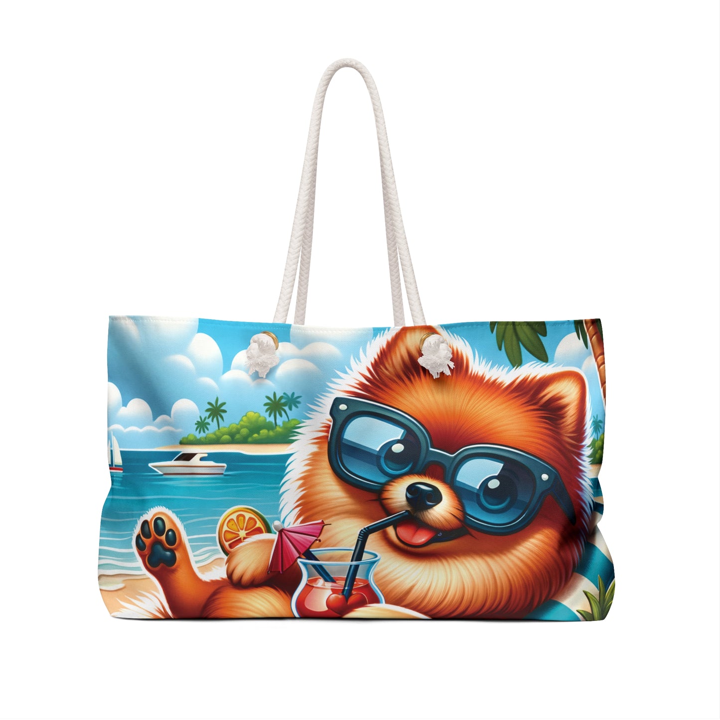 Personalised/Non-Personalised Weekender Bag, Summer Beach Dog, Pomeranian, Large Weekender Bag, Beach Bag, Book Bag