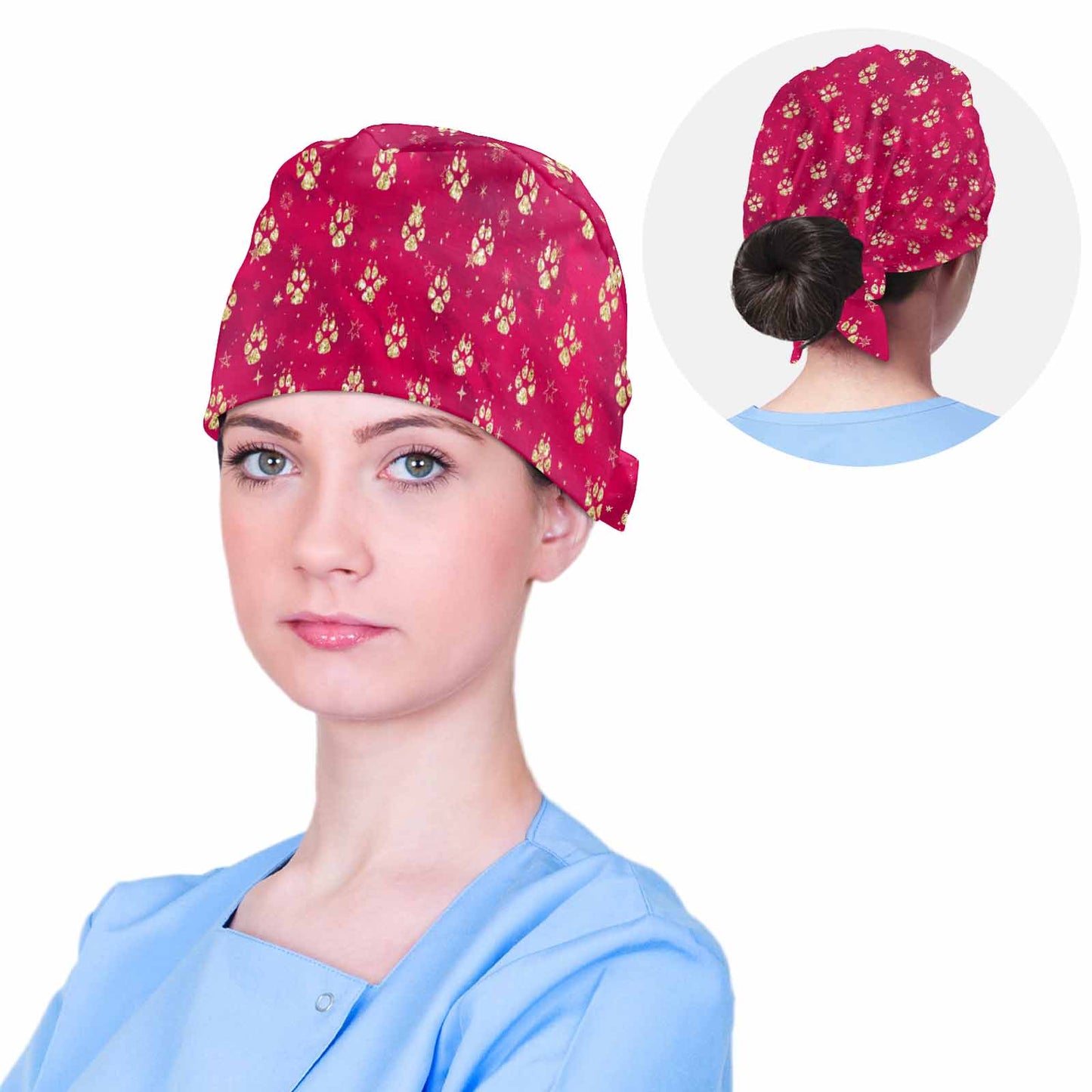 Nurse Scrub Cap Doggie Paw Prints Red  Scrub Cap