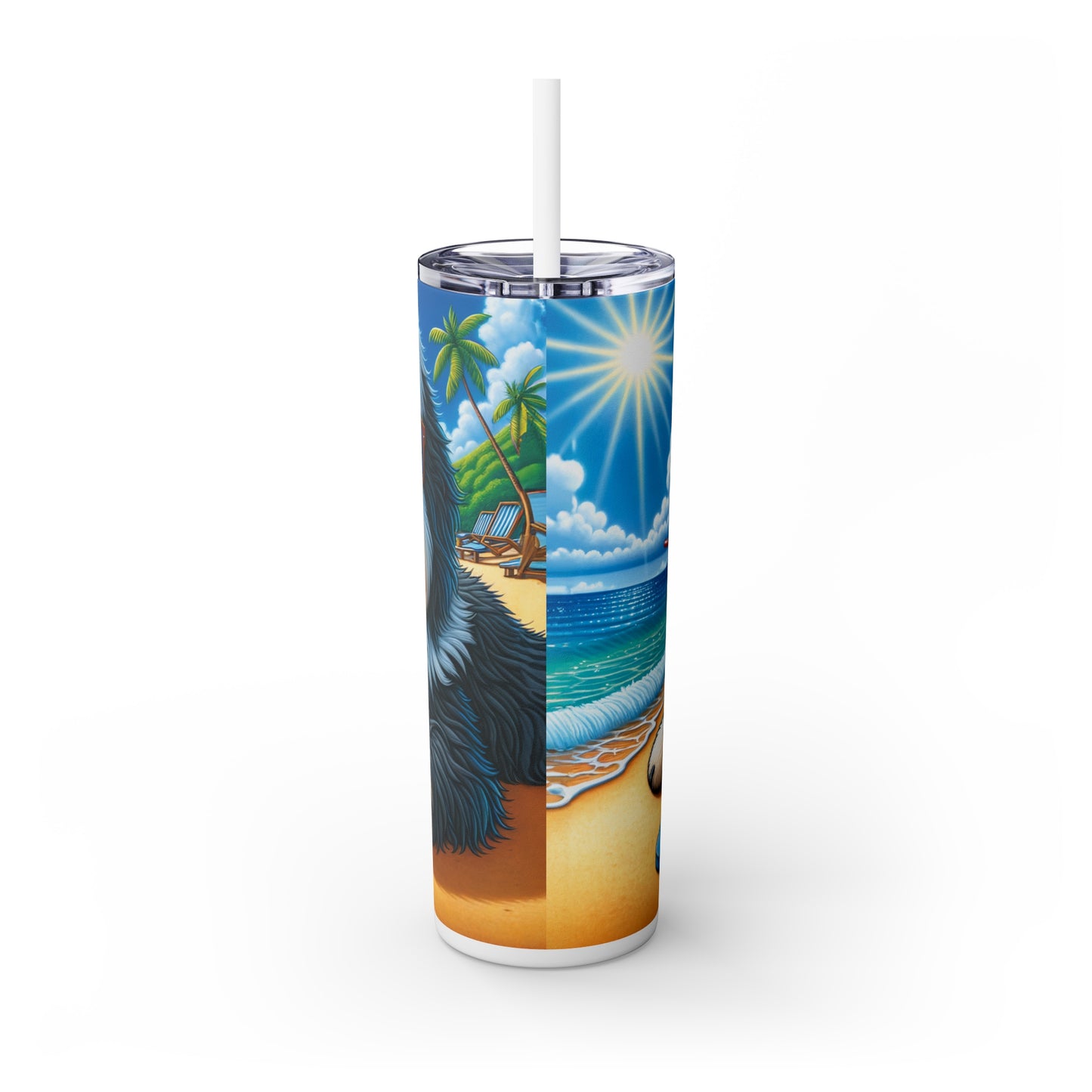 Skinny Tumbler with Straw, 20oz, Dog on Beach, Old English Sheepdog, awd-1228