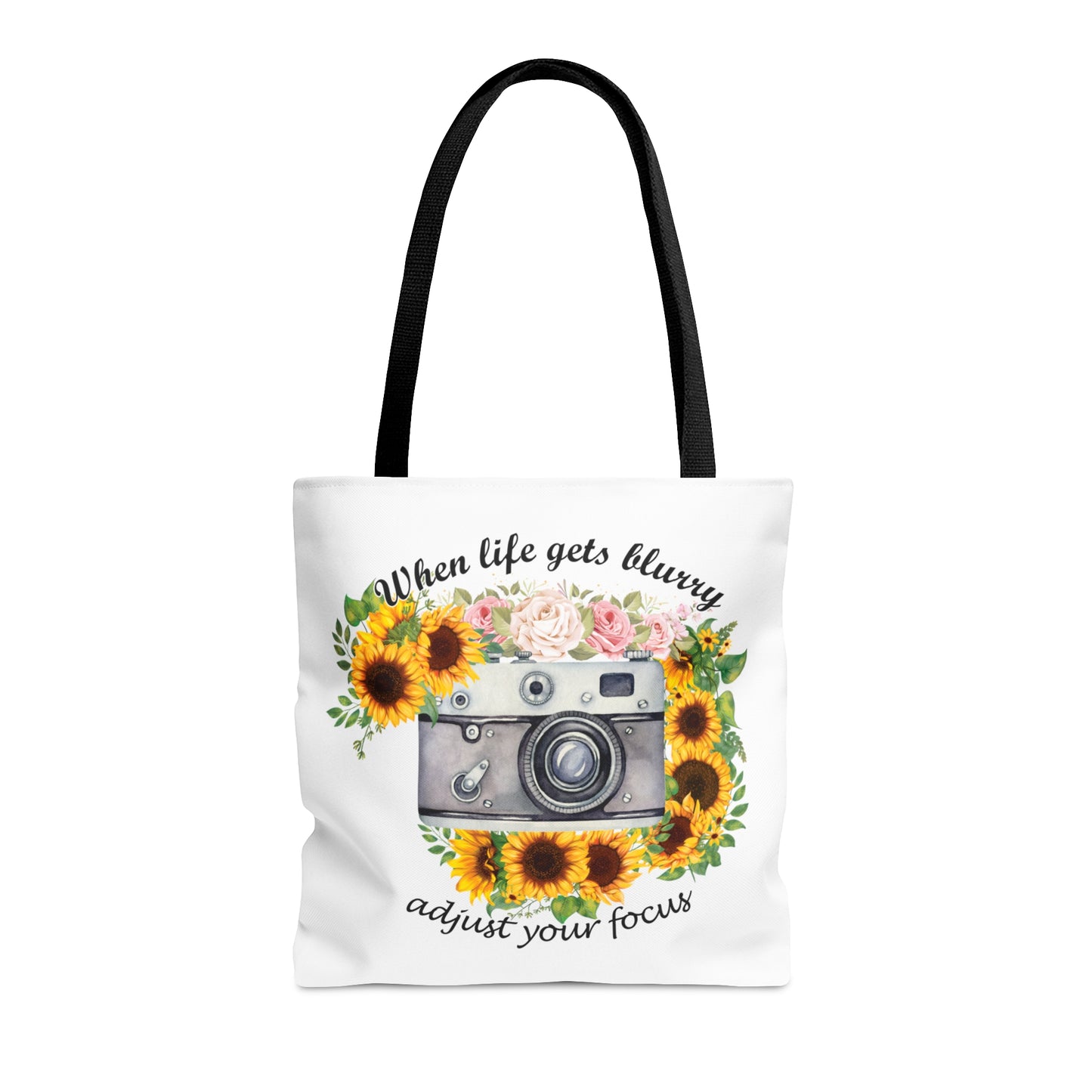Personalised/Non-Personalised Tote Bag, Sunflower, Camera, When Life gets Blurry adjust your Focus, Tote bag