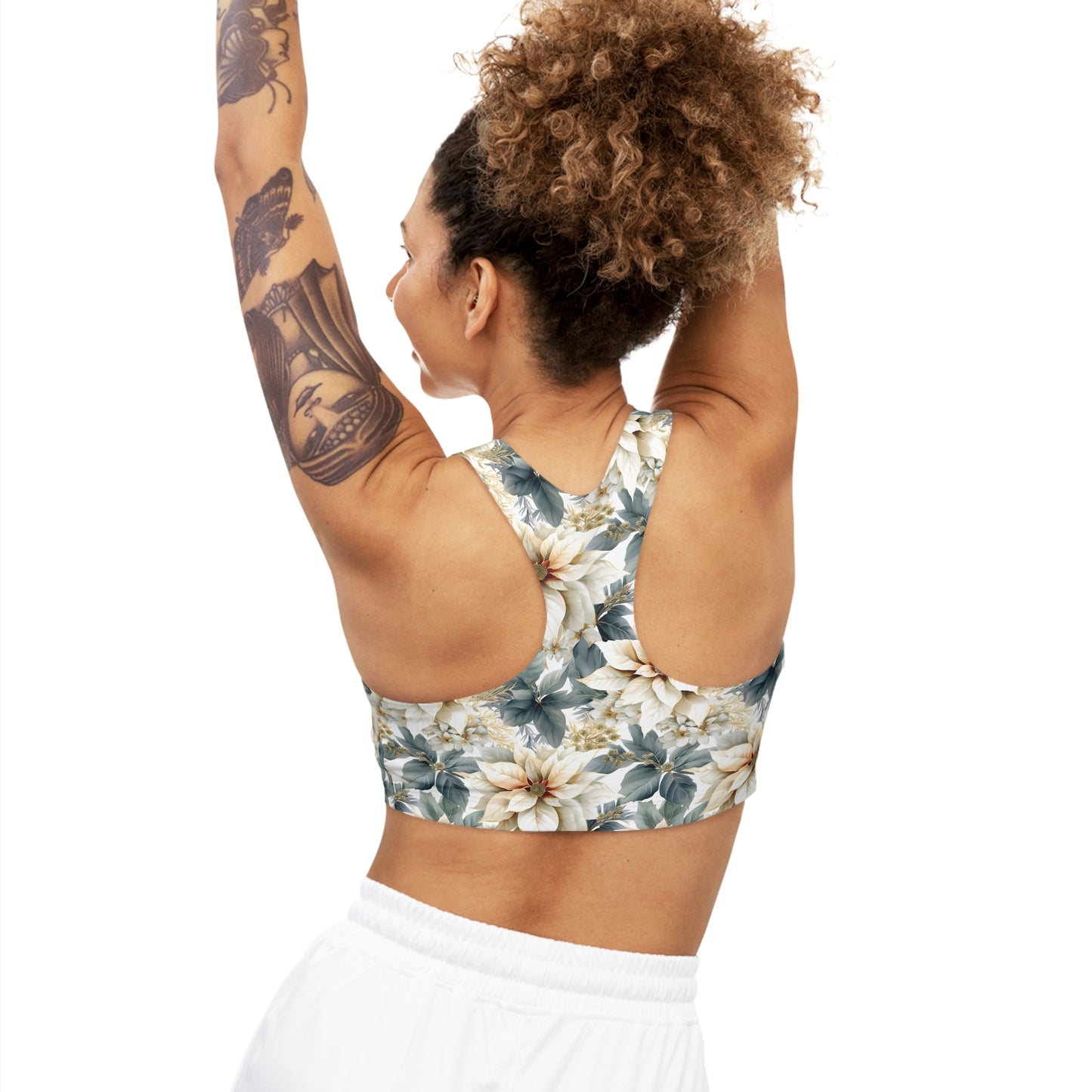 Seamless Sports Bra, Cream Poinsettia, Women's Crop Top, Women's Sportswear, Women's Athleticwear, Women's Activewear