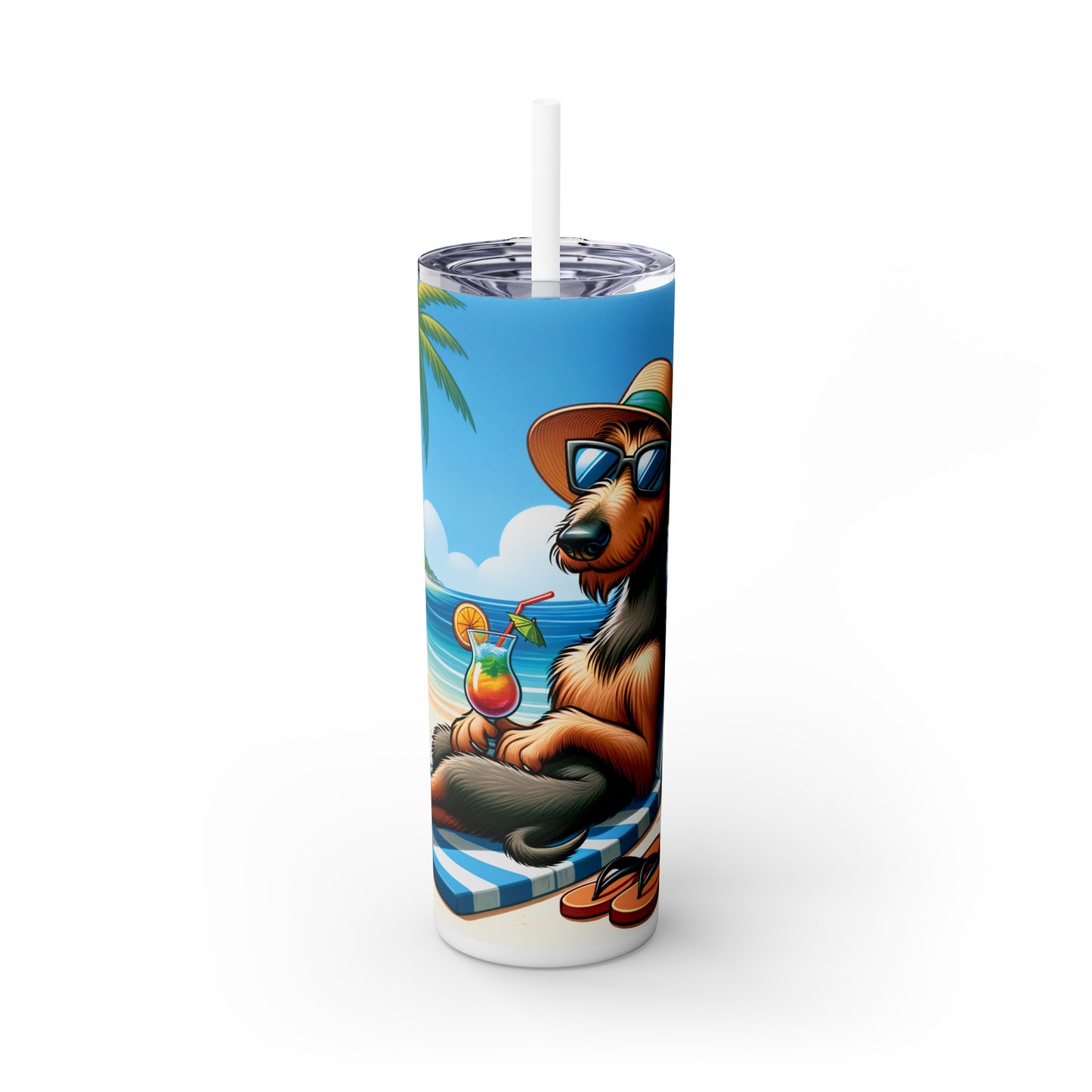 Skinny Tumbler with Straw, 20oz, Dog on Beach, Irish Wolfhound, awd-1217