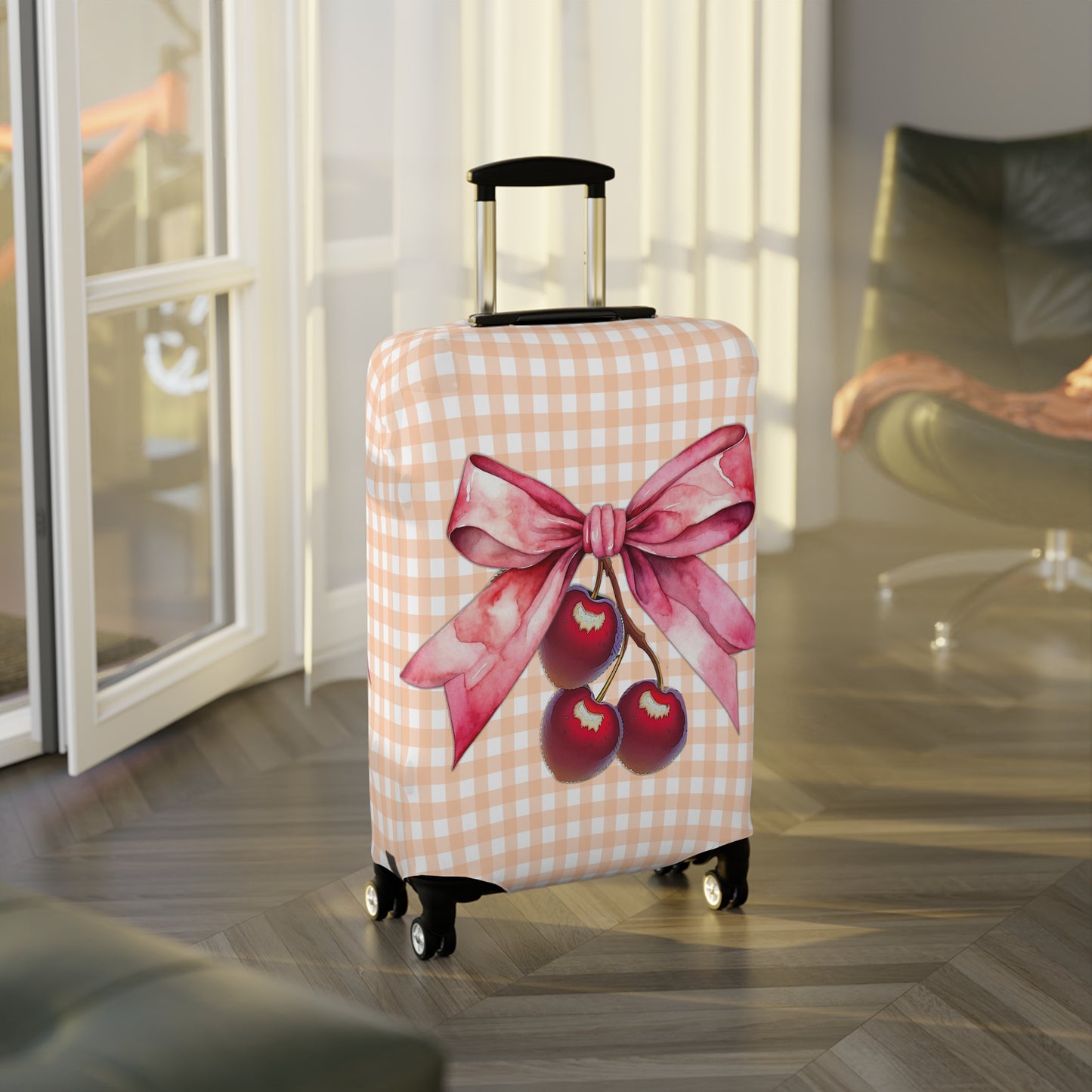 Luggage Cover, Rockabilly, Coquette, Pastel Orange Gingham, Cherries and Ribbon, awd-2510