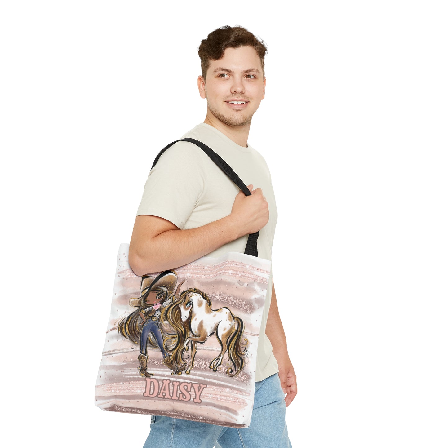 Personalised Tote Bag, Cowgirl & Horse, Brown Hair, Olive Skin, Brown Eyes, Tote bag