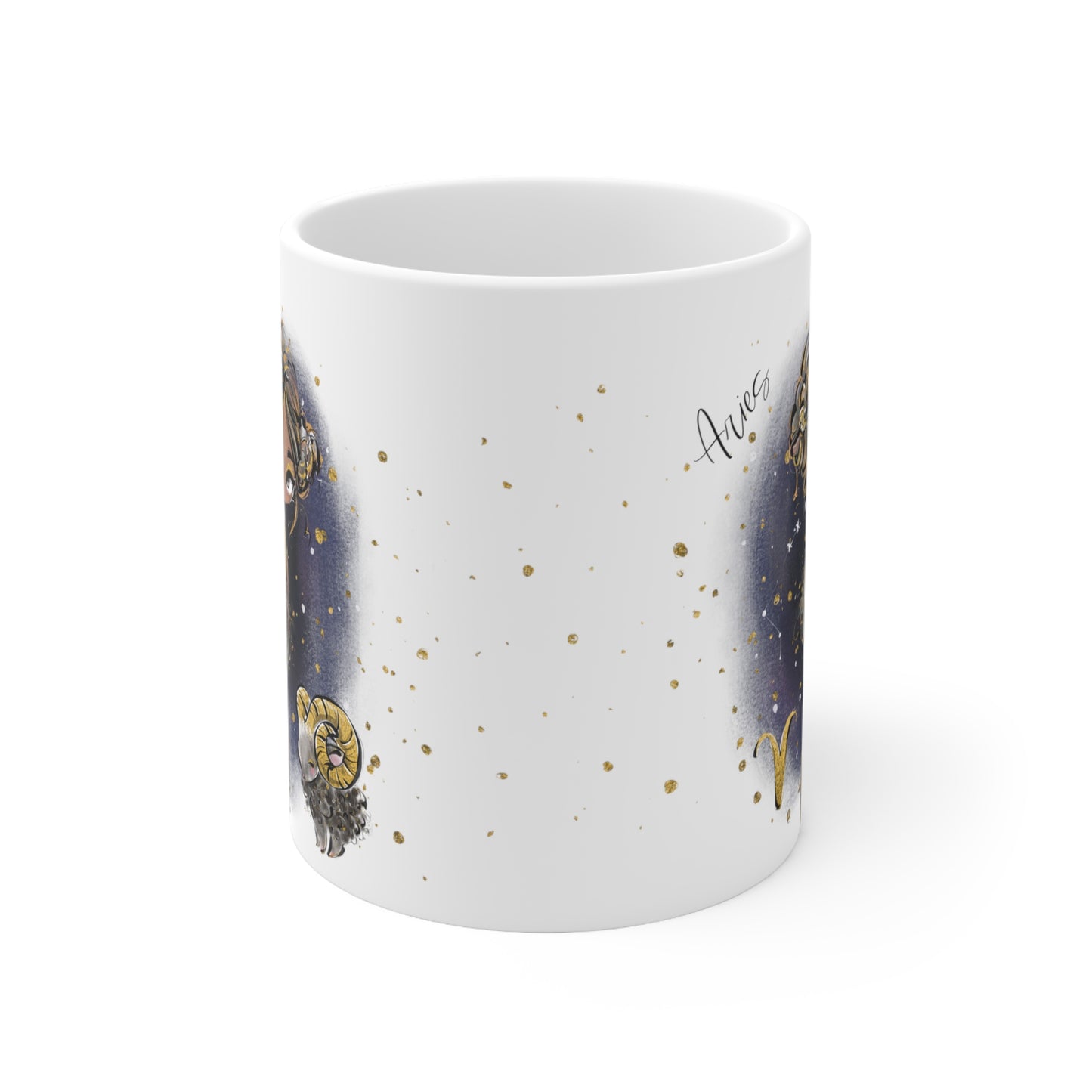 Personalised/Non Personalised Zodiac Sign, Aries, Ceramic Mug 11oz Brown Hair - Olive Skin - Brown Eyes - Bg