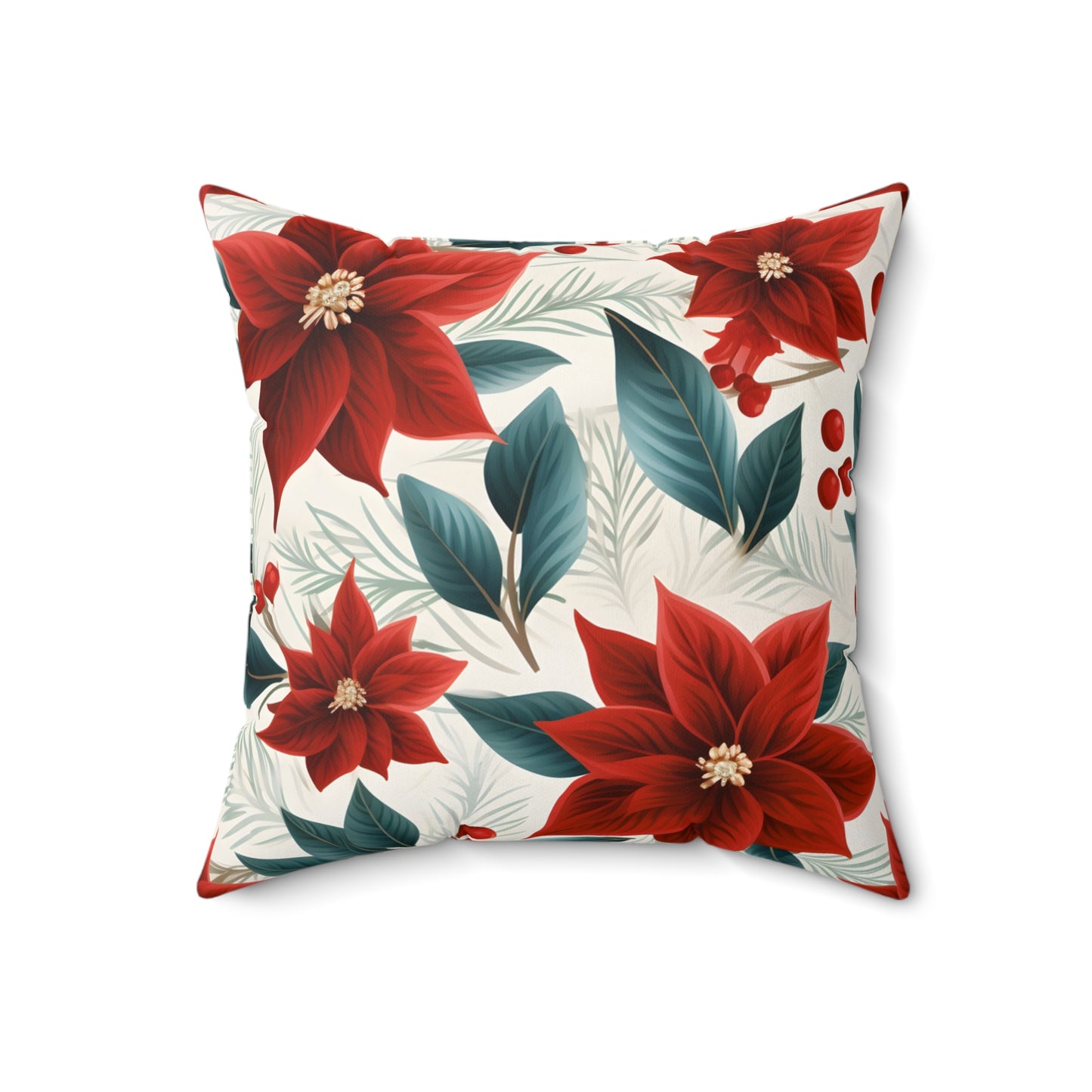 Spun Polyester Square Pillow, Red Poinsettia Floral Cushion