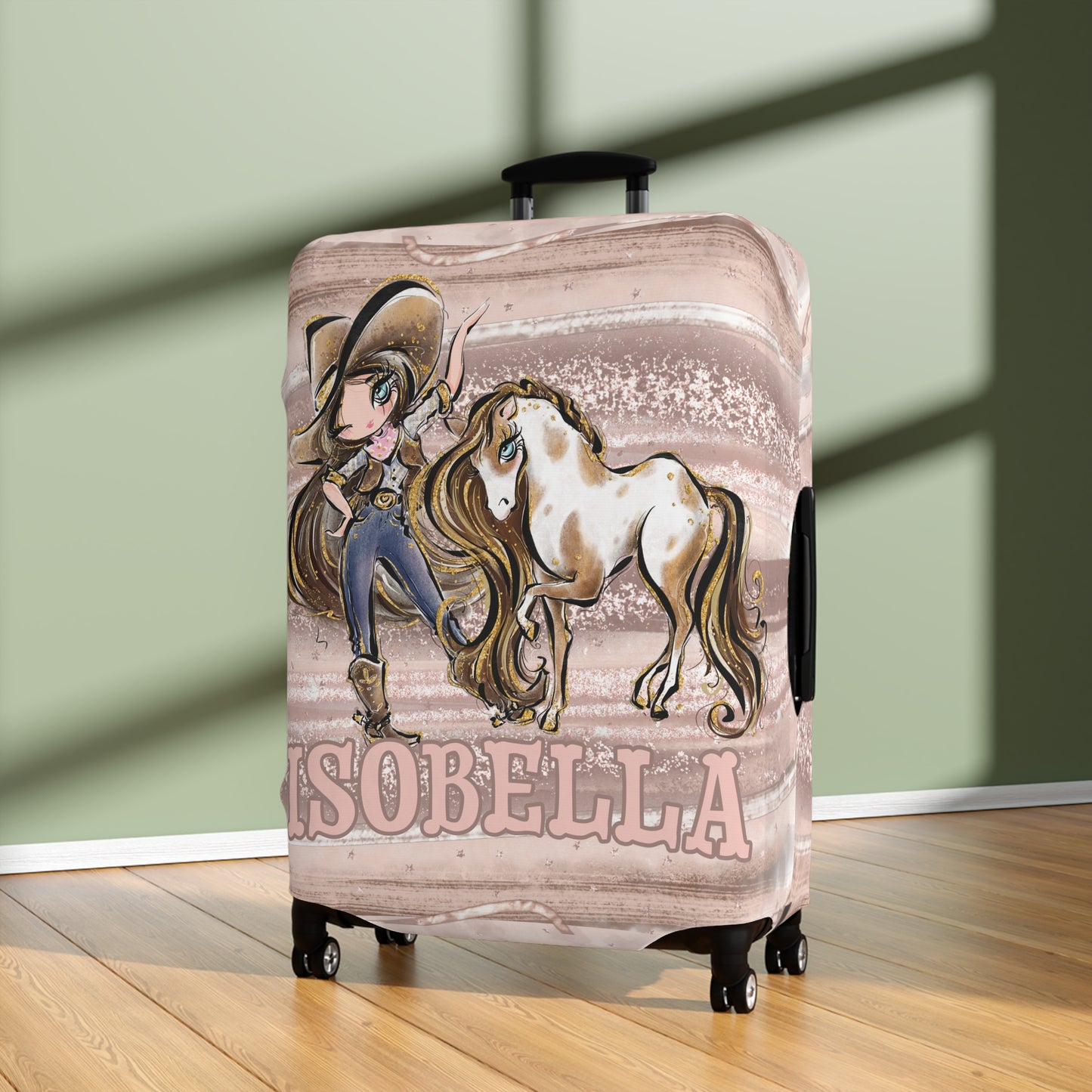 Luggage Cover, Howdy Cowgirl and Horse, Brunette Hair Blue Eyes