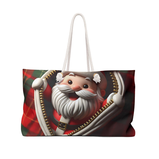 Personalised/Non-Personalised Weekender Bag, Cute Santa, Christmas, Tartan, Large Weekender Bag, Beach Bag, Book Bag