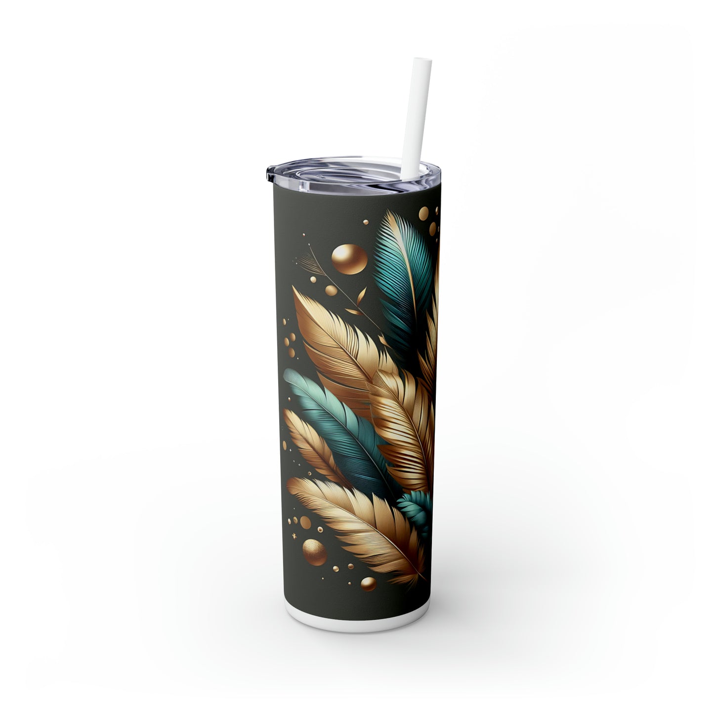 Skinny Tumbler with Straw, 20oz, Green and Gold Leaves, awd-308