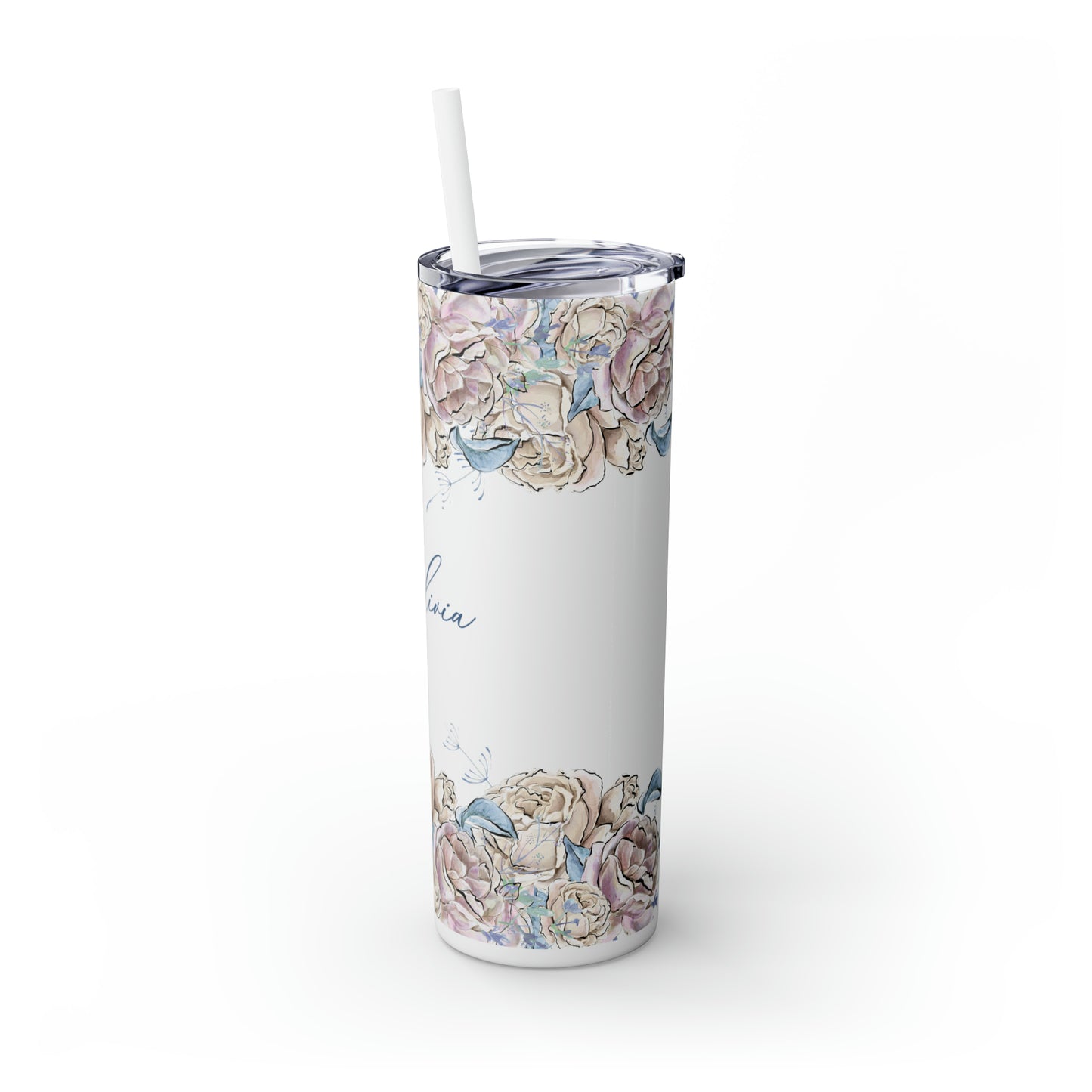 Skinny Tumbler with Straw, 20oz, Personalised, Roses, Western