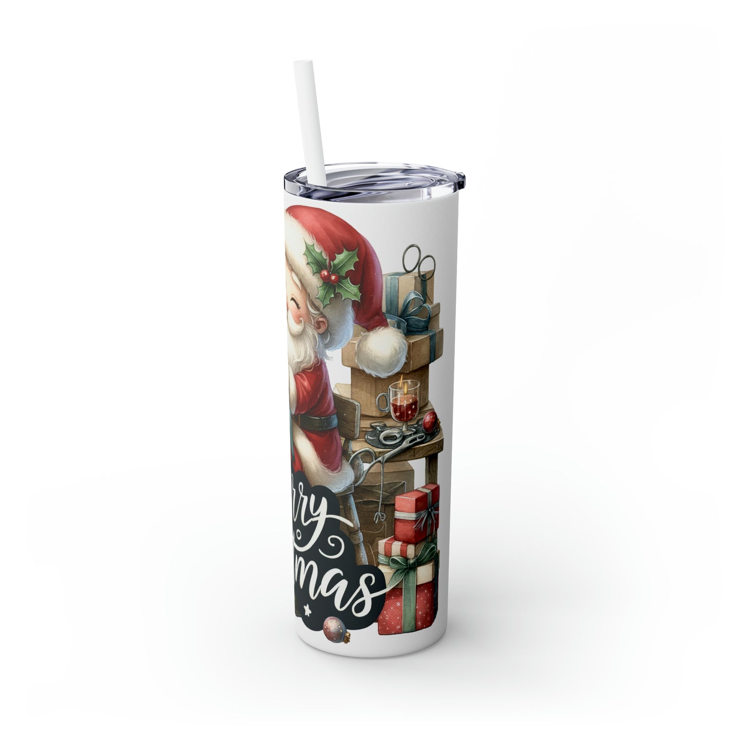 Skinny Tumbler with Straw, 20oz, Merry Christmas, Santa