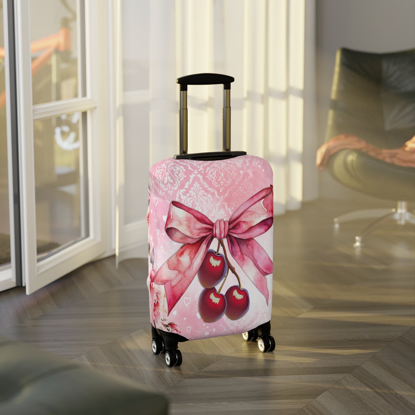 Luggage Cover, Rockabilly, Coquette, Pink Watercolour, Roses, Cherries and Ribbon, awd-2520