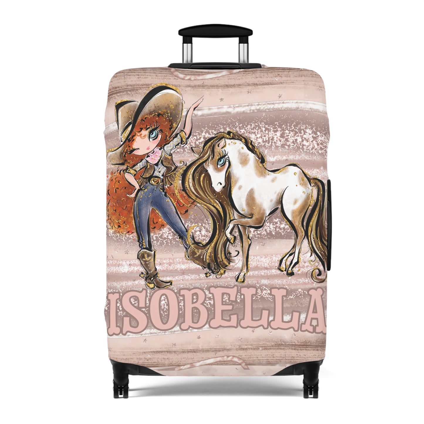 Luggage Cover, Howdy Cowgirl and Horse, Red Curly Hair Blue Eyes