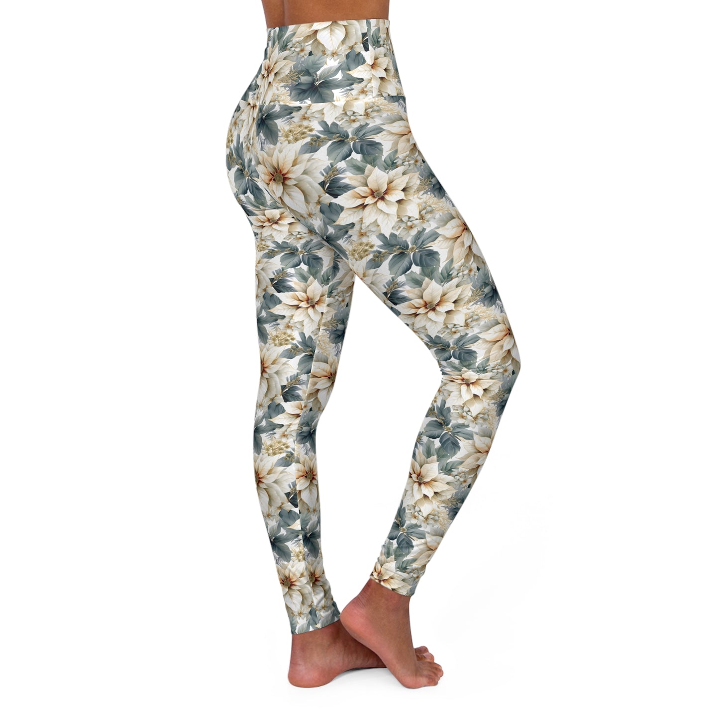 High Waisted Yoga Leggings, White Poinsettia