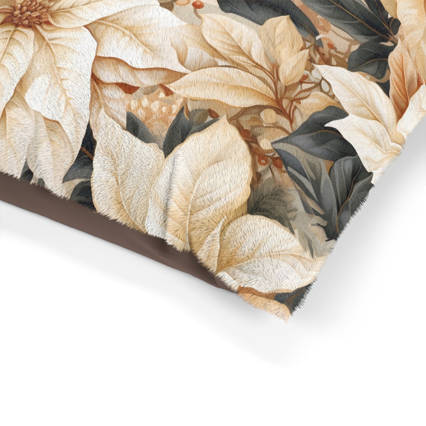 Luxury Pet Bed, feather soft fleece, Cream Poinsettia