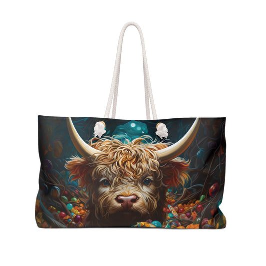 Personalised/Non-Personalised Weekender Bag, Highland Cow, Large Weekender Bag, Beach Bag, Book Bag