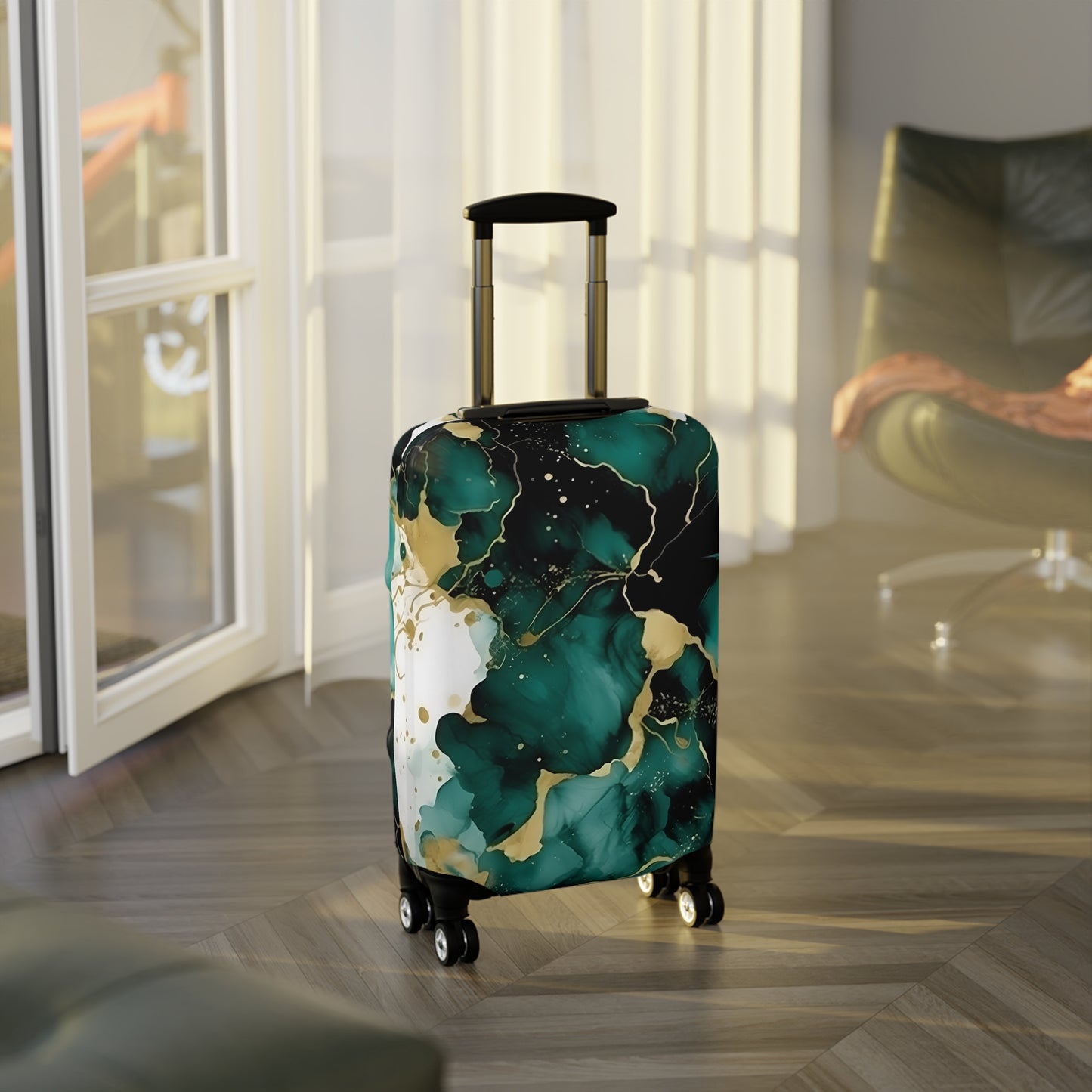 Luggage Cover, Alcohol Ink Green and Gold Floral