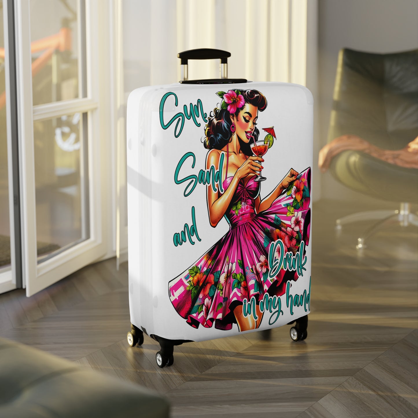 Luggage Cover, Retro Girl, Sun Sand and Drink in Hand, awd-3012