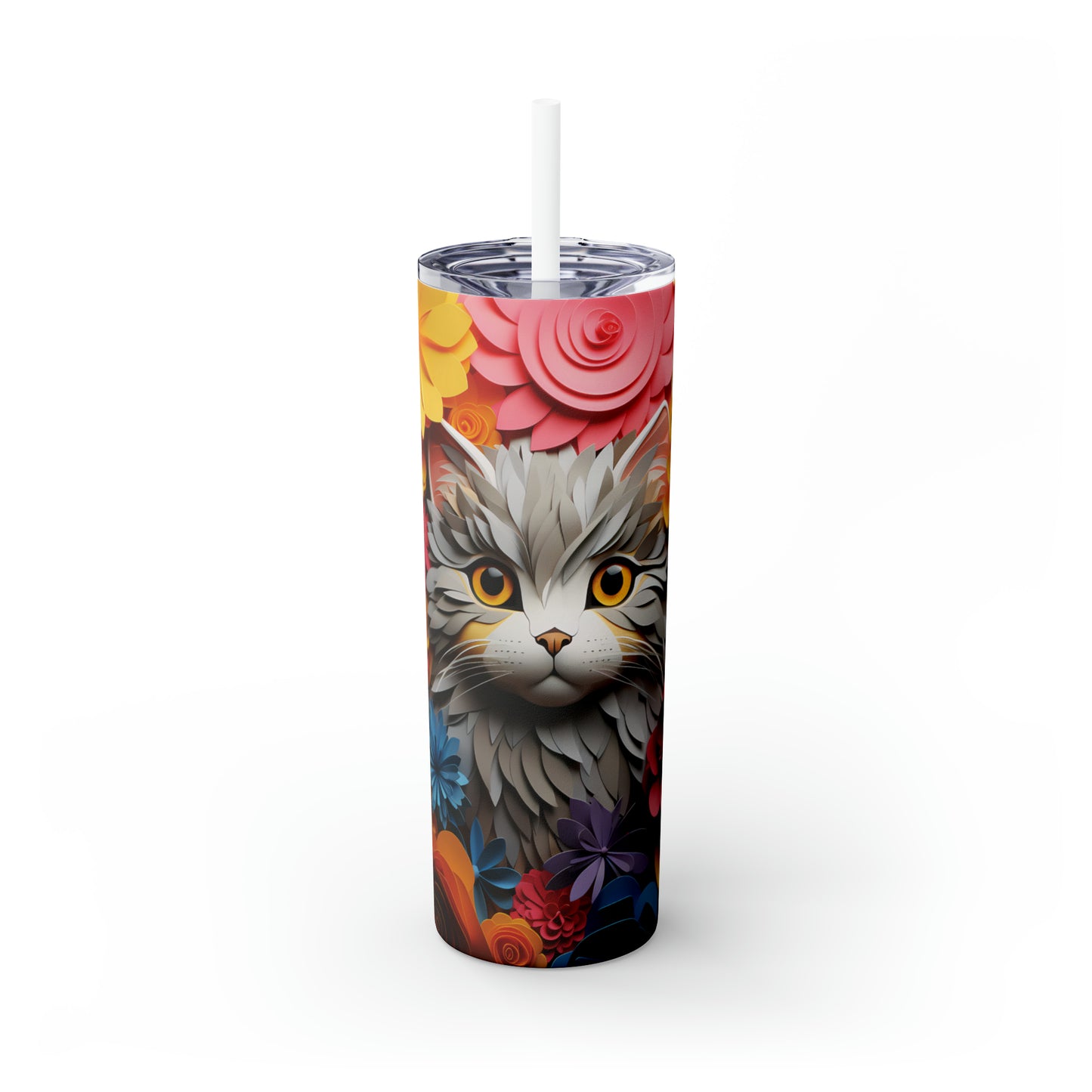 Skinny Tumbler with Straw, 20oz, Floral Paper Cut Cat, awd-423