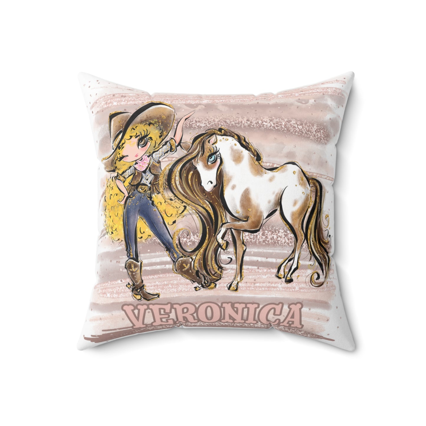 Personalised Cowgirl and Horse Cushion,  Blonde Curly Hair, Brown Eyes, Polyester Square Cushion, Christmas cushion