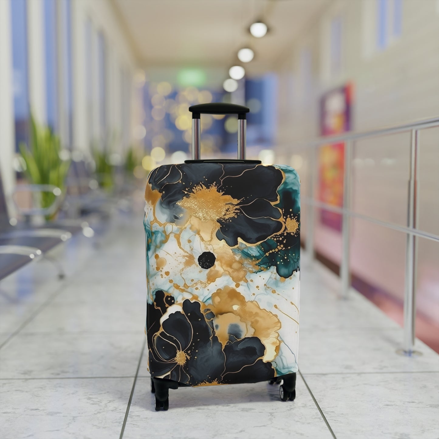 Luggage Cover, Alcohol Ink Black, Green and Gold Floral