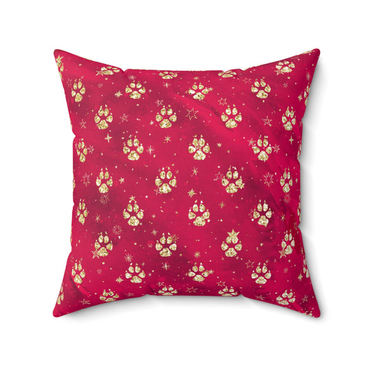 Spun Polyester Square Pillow, Doggie Red Paws Christmas Cushion