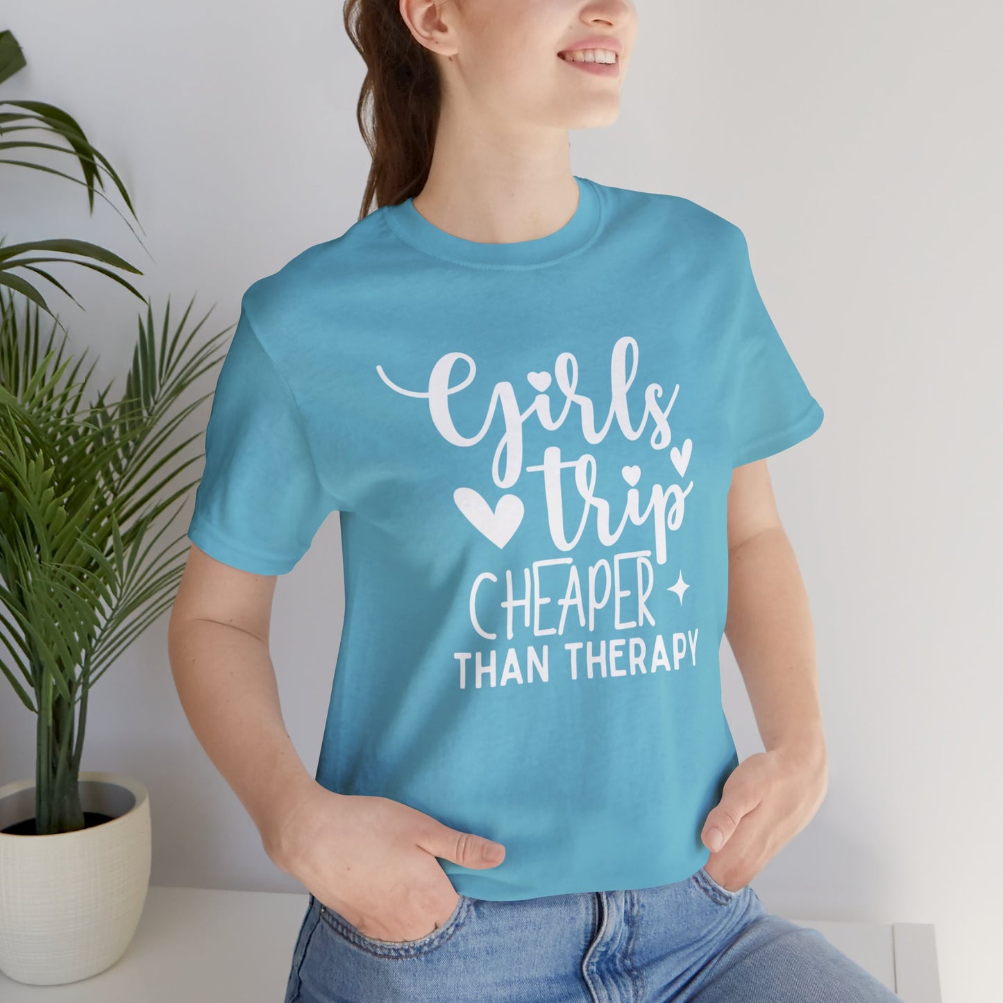 Unisex Jersey Short Sleeve Tee, Girl's Trip Cheaper than Therapy, 100% Cotton, Light Fabric 142 g/m²