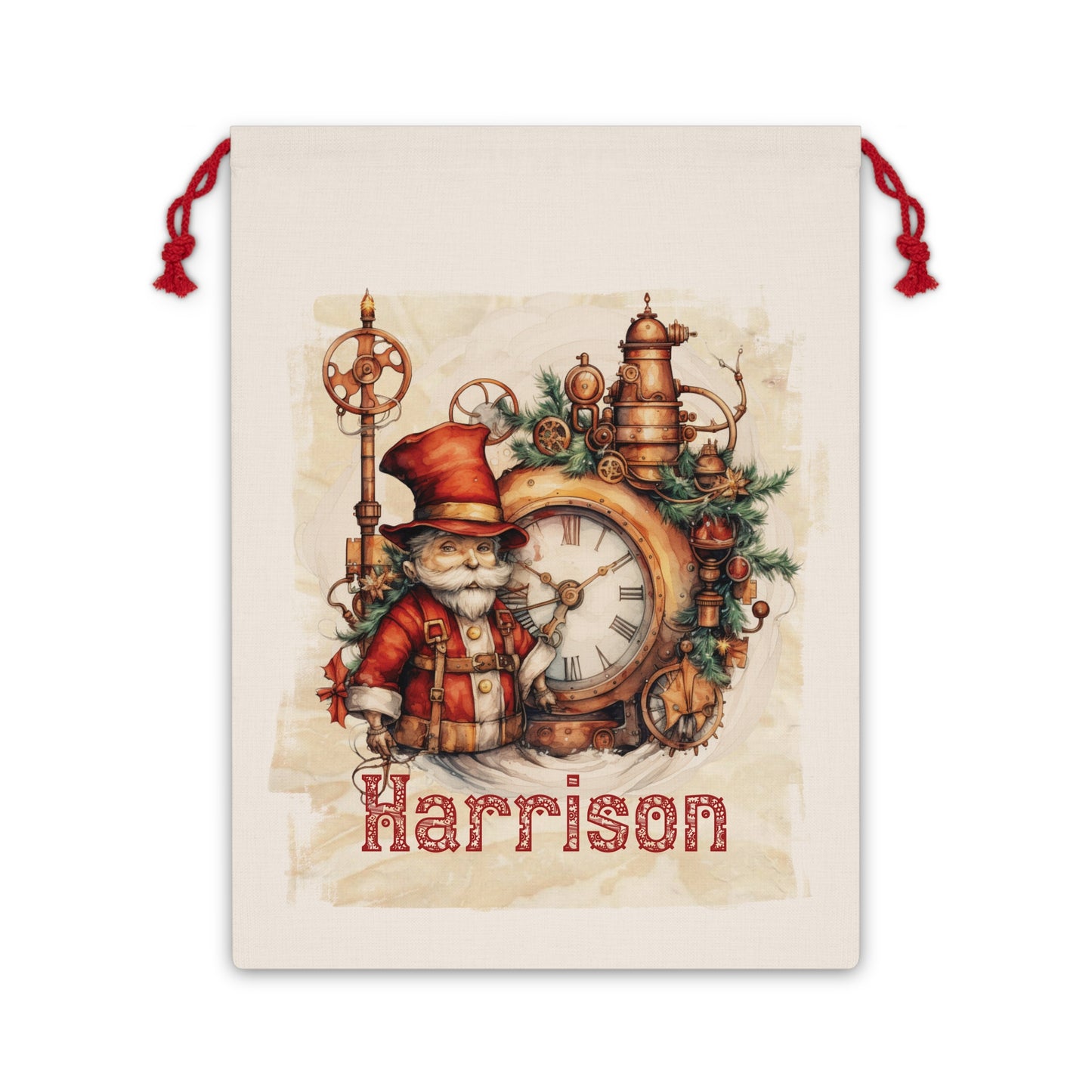 Steampunk Personalised Santa Sack Clock, Linen Bag